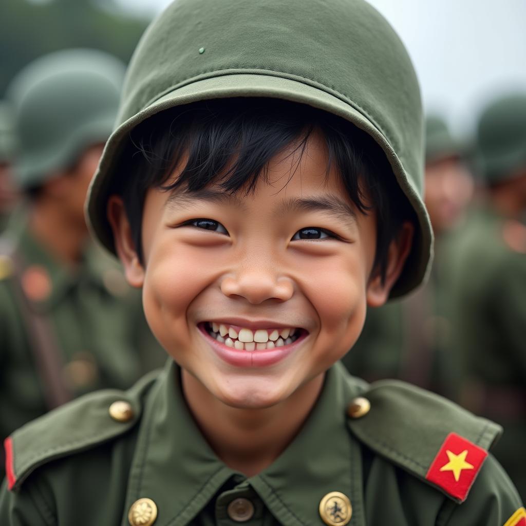Chân dung một chàng lính trẻ đang mỉm cười, thể hiện sự lạc quan, yêu đời trong quân ngũ